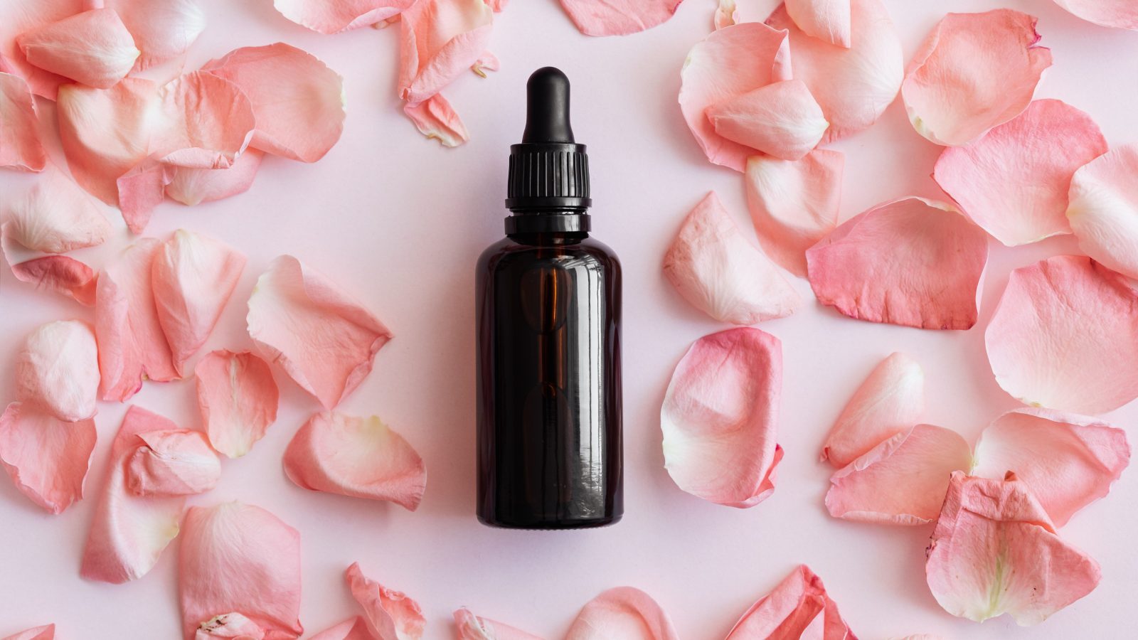 Damask rose petals scattered beside a small amber bottle of rose essential oil